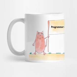 Programmer-developer, profession, work, job. Cat shows a banner with the inscription. Watercolor illustration. A gift for a professional. Mug